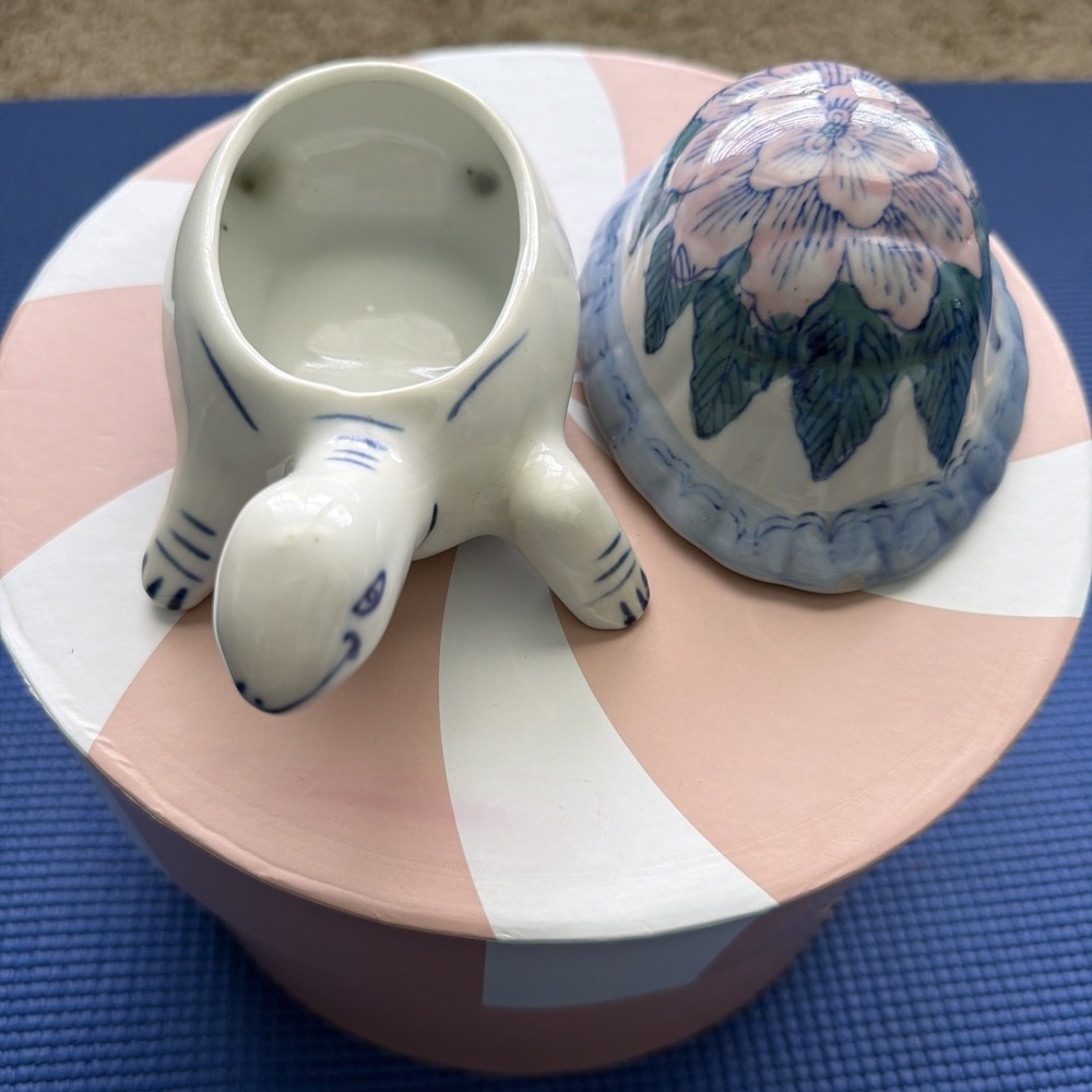 Turtle Lidded Trinket Jewelery Box Hand Painted Pink Blue Green Flower 7"